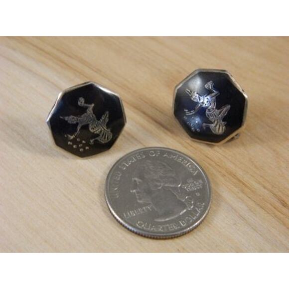 Vintage Siam Sterling Silver Screw Back Earrings Thailand Niello Dancer Earrings - Picture 2 of 7